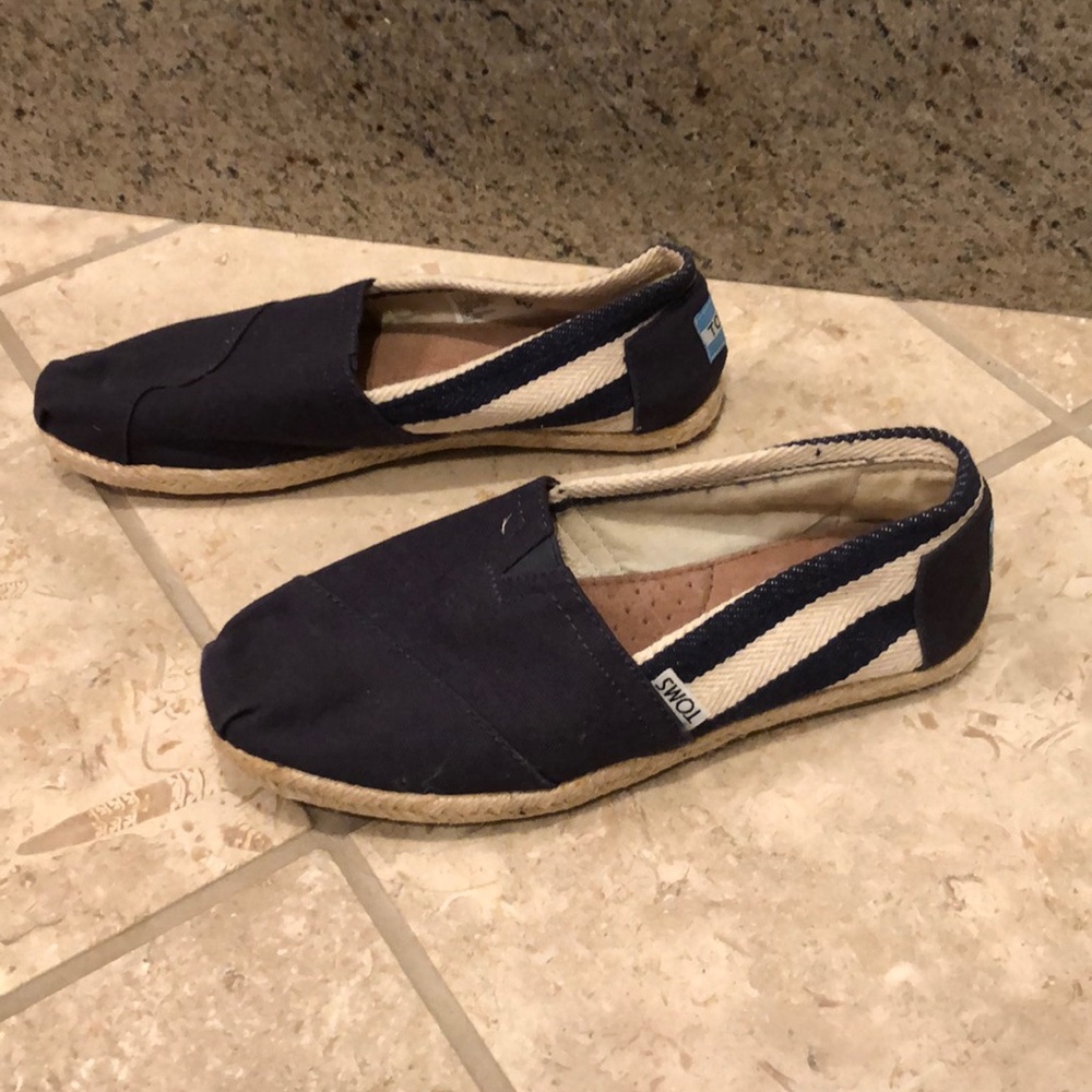 Toms woven canvas nautical stripe jute minimal slip on flat slipper espadrille